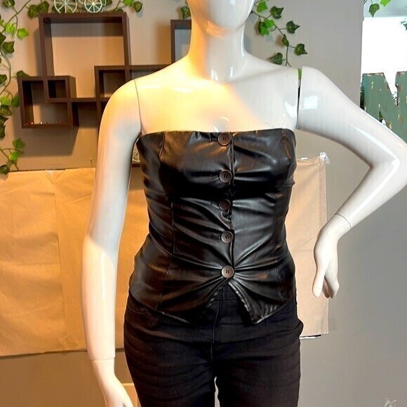 Button Up Strapless Faux Leather Top Black Size M RefM100 - Picture 4 of 11